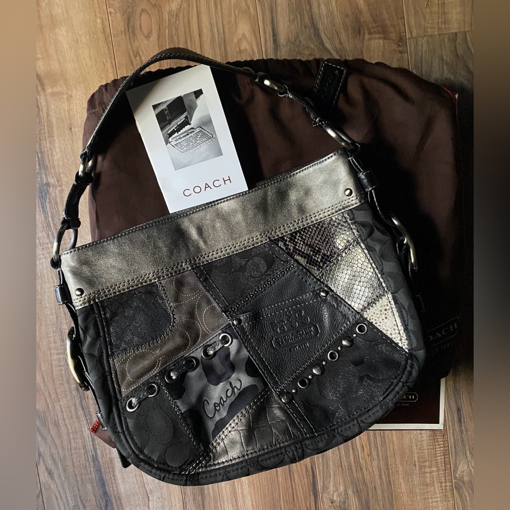 Vintage Coach Zoe Patchwork Black Silver Gray Animal Print Leather Purse